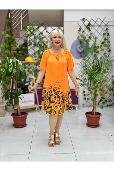 Punta Otantik Nc10526 Italian Collar Elastic Leopard Coton Dress Orange