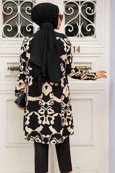Neva Style تونيك حجاب أسود منقوش 11685S