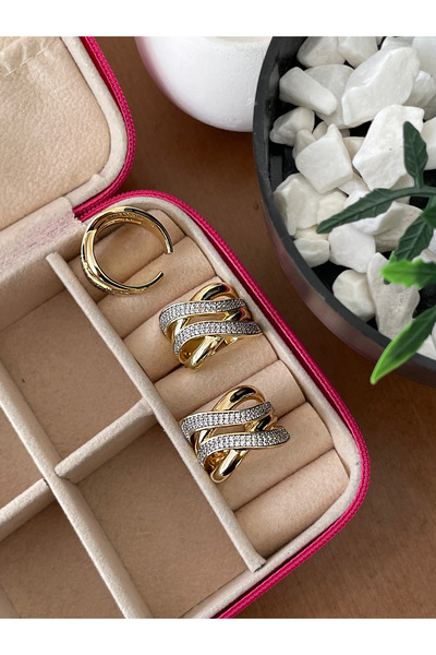 JELLY خاتم نسائي من الفولاذ باللون الذهبي بنمط مموج مكون من 4 صفوف من حجر الزركون الملتوي بتصميم قابل للتعديل