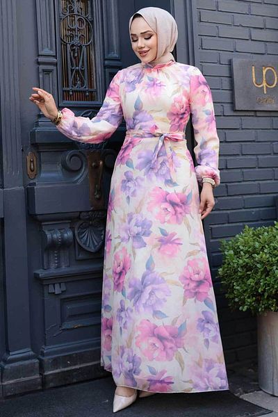 Neva Style Rochie Hijab cu Motiv Floral Liliac 279918