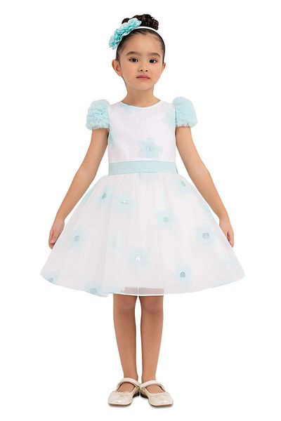 Pamina Elegant Dress For Girls, - With Blue Flowers Appliques, Matching Headband, 33319 - 98 Cm