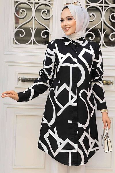 Neva Style Ecru Patterned Hijab Tunic - 11698E