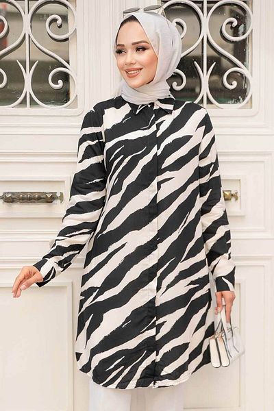 Neva Style Black Patterned Hijab Tunic - 11694S