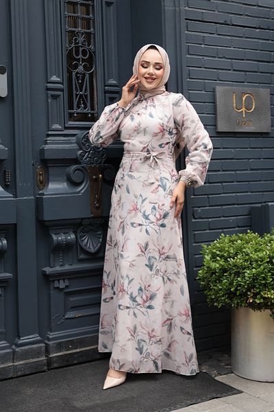 Neva Style Floral Patterned Beige Hijab Dress 279915 Beige