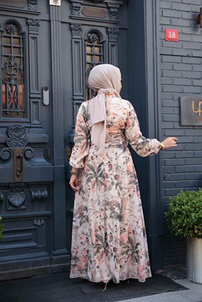 Neva Style Μπεζ Φόρεμα Hijab με μοτίβο λουλουδιών 27988 Μοντέλο