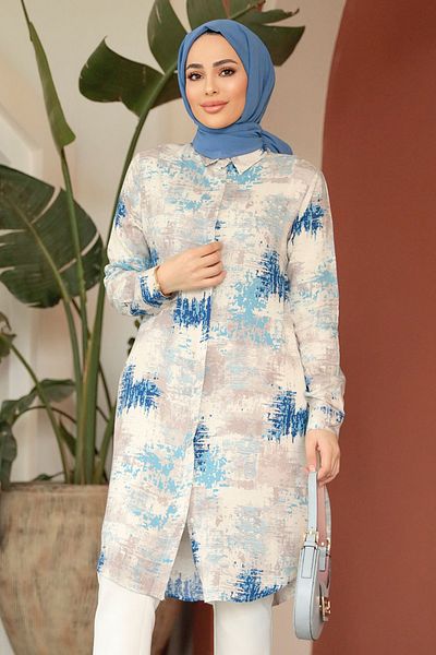 Neva Style Tunica hijab cu model albastru indigo - 11677IM