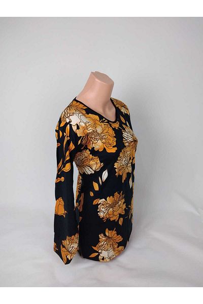 YAŞAR TRİKO Women's Black Orange U-Neck Long Sleeve Patterned Slit Woven Viscose Mother Combed Cotton T-Shirt