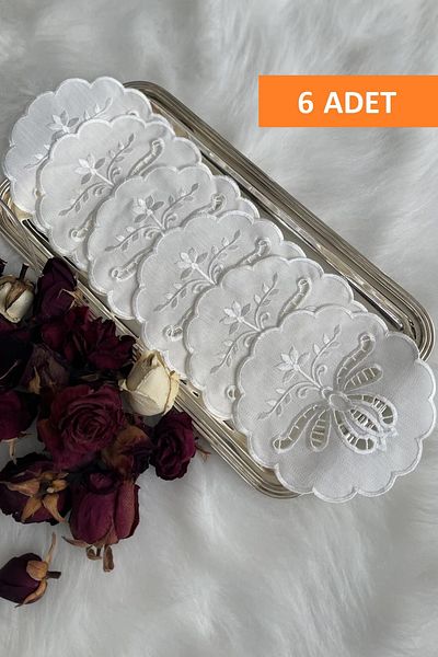 QBR Home 6 Hole Handwork Embroidery Embroidered Cocktail Presentation Napkin. Butterfly Ecru (6 Pieces)