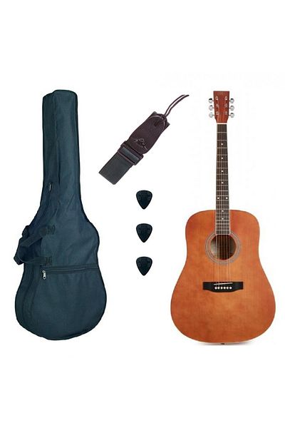 SX SD104GBR Basic 1, acoustic guitar set, glossy brown, case, strap, 3 picks