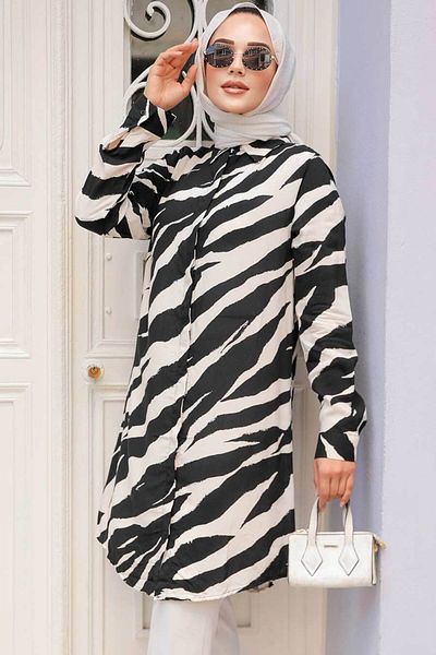 Neva Style Black Patterned Hijab Tunic - 11694S