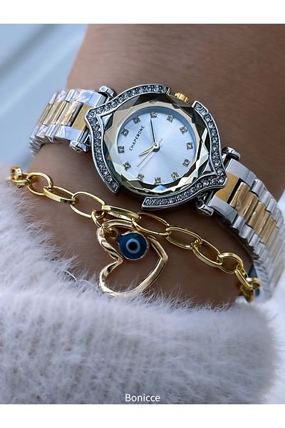 Chaperone Bridal Watch, Silver Stone, Silver Yellow Color Steel Cord, 2 Years Warranty, Bracelet Gift