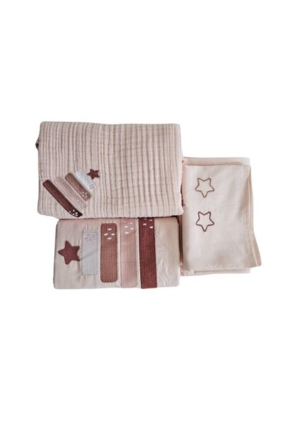 Class Home Collection Βρεφικό σετ - κλινοσκεπάσματα και κουβέρτα μουσελίνας με ανάγλυφο κέντημα, ροζ του κέικ