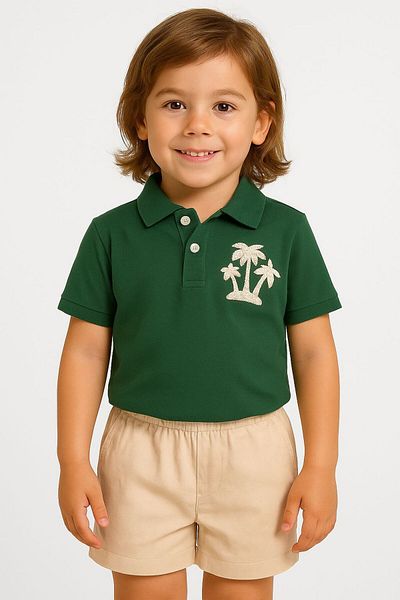 Pollito Boys Palm Embroidered Polo Neck T-Shirt Shorts 2-Piece Set