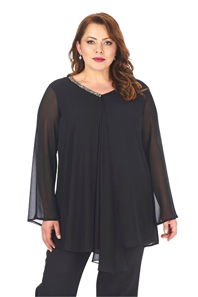 günay boutıque بلوزة سهرة شيفون مقاس كبير - أسود