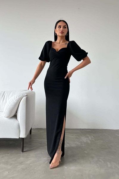 Mossta Watermelon Sleeve Double Breasted Collar Slit Crepe Evening Dress Black