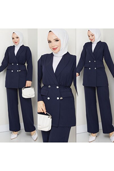 FIRSTESLEM بدلة نسائية مكونة من قطعتين مع سترة بأزرار كريب مزدوجة وبنطلون