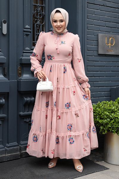 Neva Style Floral Patterned Powder Hijab Dress 32816Pd