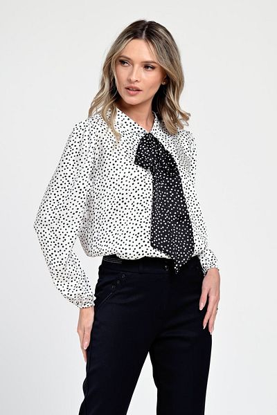 Eranthe Women's Satin Blouse, White with Black Dots, Elegant with Bow V305