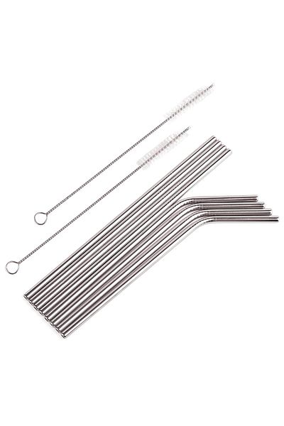 Aptel Metal drinking straw set, 8 straws and 2 brushes, silver