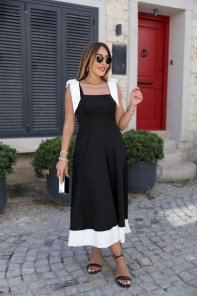 Mossta Square Neck Shoulder Tie Flared Crepe Dress - Black
