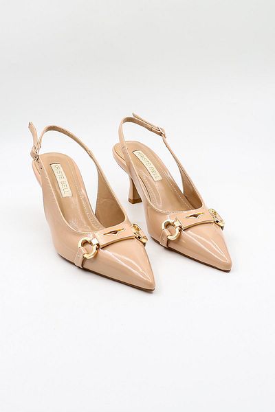 KRISTE BELL Women's Stone Detailed Classic Heeled Shoes Kb20812081 Beige Patent Leather