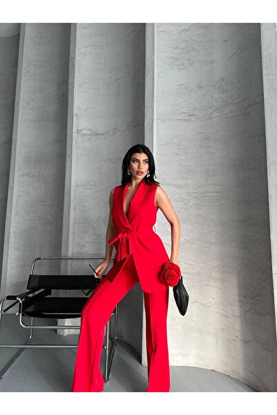 Bella Breeze Kadın Şal Yaka Kuşaklı Yelekli Palazzo Pantolonlu Takım Elbise