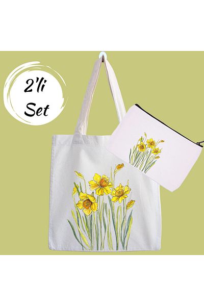 designedfy Yellow Flowers 2 Campaign Set of 2 Tote Bags and Makeup Bags
