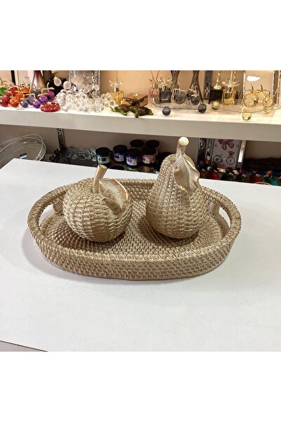 Gold home design Hasır Görünümlü Polyester Elma Armut Tepsi Set Krem Renk