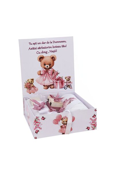 Recostore Baptism set with Teddy Bear, powder pink color, trouser, dress, candle and accessories, REC3206