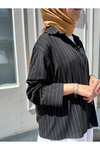 QOOQ STORE 25SS203 Çizgili Dark Kadın Gömlek Siyah