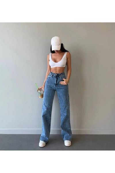 Trn JNS Elyesse 90's Power Lycra No Fade Blue Medium Snow Super High Waist Casual Jeans Pantaloni Palazzo