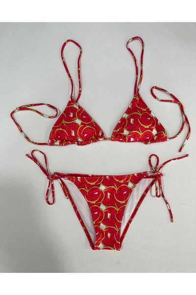 hazelin Women's Red Watermelon Pattern Halter Neck Tie Triangle Bikini Set Hzl25S-Lc5005