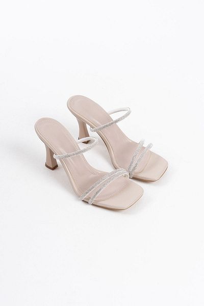 EMOYRA Alvina Beige Stone Thin Strap Women's Heeled Slippers
