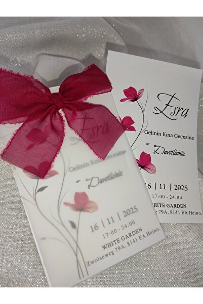 peri davetiye Kırmızı Kurdele Ve Şeffaf Aydingerli Kına Kartı 50 Adet ( Ölçü;...