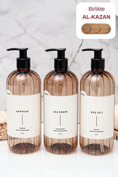 homence Shampoo Shower Gel Hair Conditioner Label Plastic Bottle Bathroom Set 3-Piece Light Brown Soap Dispenser 500ml