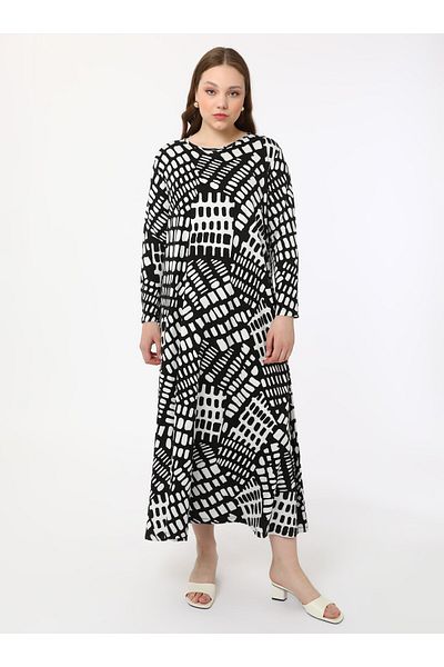 ALİA Πλεκτό φόρεμα με σχέδιο Plus Size - Μαύρο - Λευκό - Alia