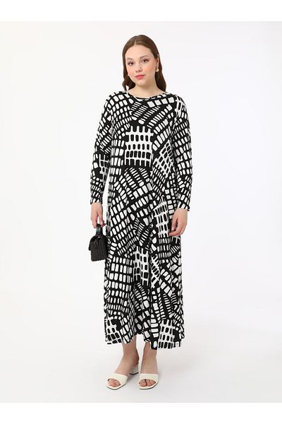ALİA Πλεκτό φόρεμα με σχέδιο Plus Size - Μαύρο - Λευκό - Alia