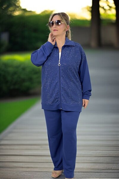 yagmurberen Stone Printed Lycra Crystal 2 Thread Fabric Large Size Tunic Pants Double Set