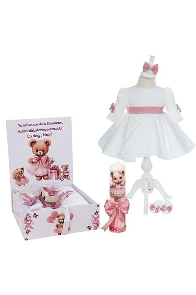 Recostore Baptism set with Teddy Bear, powder pink color, trouser, dress, candle and accessories, REC3206