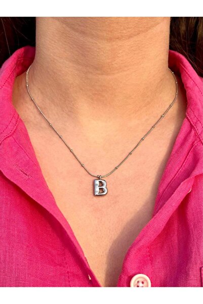 Zerys Jewelry قلادة من الفولاذ الفضي مع حرف B
