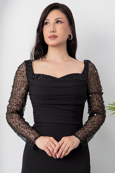 PULLIMM Heart Neckline Puff Sleeves Paillette Evening Dress Ecr5492