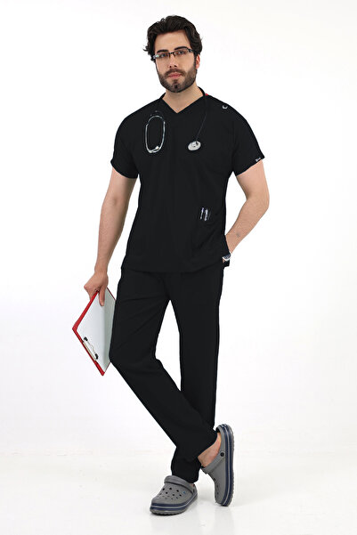 TİJA طقم زي طبيب ممرضة من الليكرا السوداء برقبة على شكل حرف V وأكمام خفاش، مق...