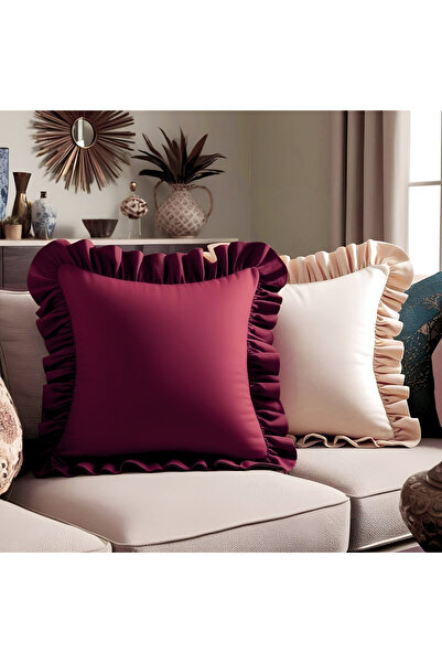 Bc Home 2-Piece Burgundy - Cream Color Country Ruffled Square Throw Pillow Ca...