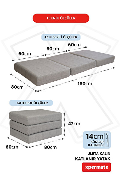 XPERMATE Ultra Kalın Katlanır Yatak Katlanabilir Sünger Yer Yatağı Tek Kişilik Misafir Yatağı 80x180x14 Gri