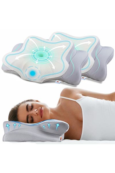 Linomag Set of 2 Linomag® cervical pillows, memory foam, washable cover, 60x38x9–13cm, white/gray