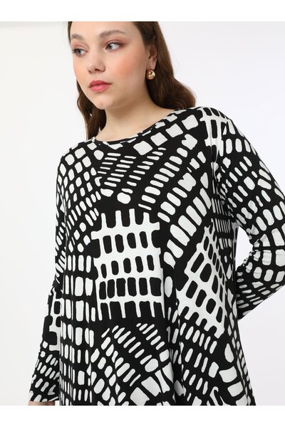 ALİA Büyük Beden Desenli Örme Elbise - Siyah - beyaz - Alia