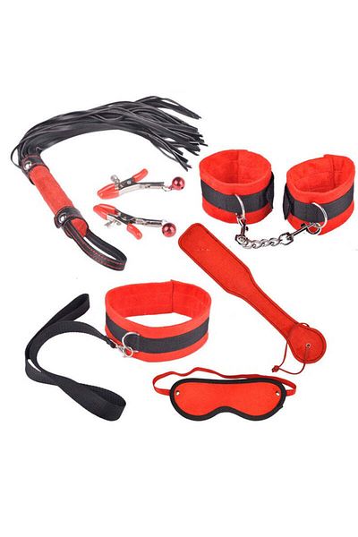 WildFashion 7-piece fetish/BDSM set, with soft material and imitation leather, Red, TOY149-3