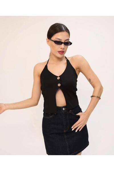 ALLEYTA Women's Buttoned Belly and Back Low-Cut Halter Bustier