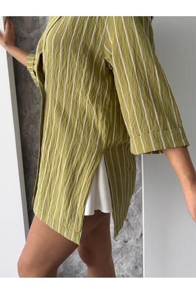 LB Laluna Butik Kadın Yandan Yırtmaçlı Çizgili Blazer Ceket