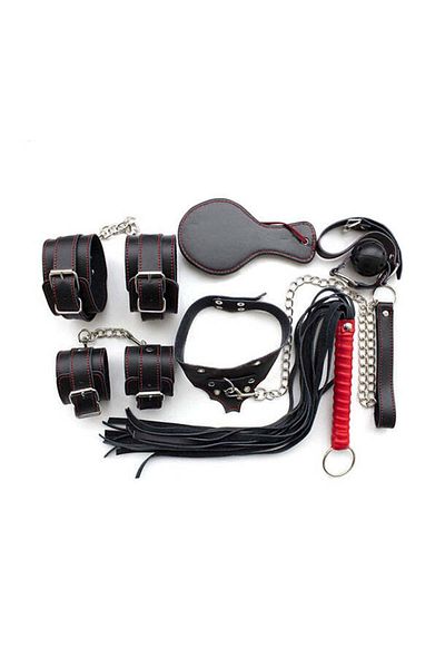 WildFashion Set 8 piese fetish/BDSM din piele ecologica neagra cu cusaturi rosii, TOY153-1